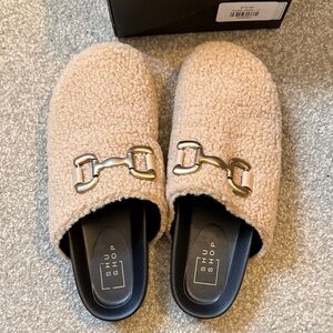 ShuShop Beige Fleece Mules with Gold Buckle